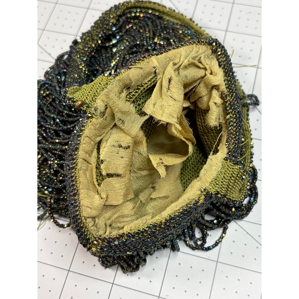 Antique 1920s Iridescent Beaded Fringe Purse Flapper Art Deco Wristlet Seed Bead - Picture 5 of 6